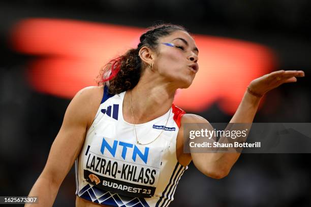 Auriana Lazraq-Khlass of Team France celebrates after heat 2 of Heptathlon - Women's 200m during day one of the World Athletics Championships...