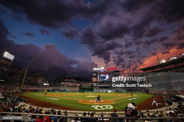 General view of sunset as Nick Pivetta of the Boston Red Sox pitches against Lane Thomas of the Washington Nationals during the third inning at...