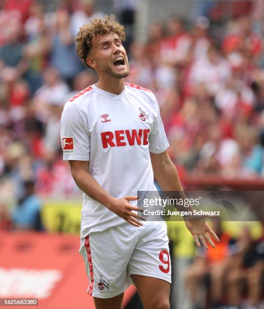 Luca Waldschmidt of Cologne reacts during the Bundesliga match between 1. FC Koeln and VfL Wolfsburg at RheinEnergieStadion on August 26, 2023 in...
