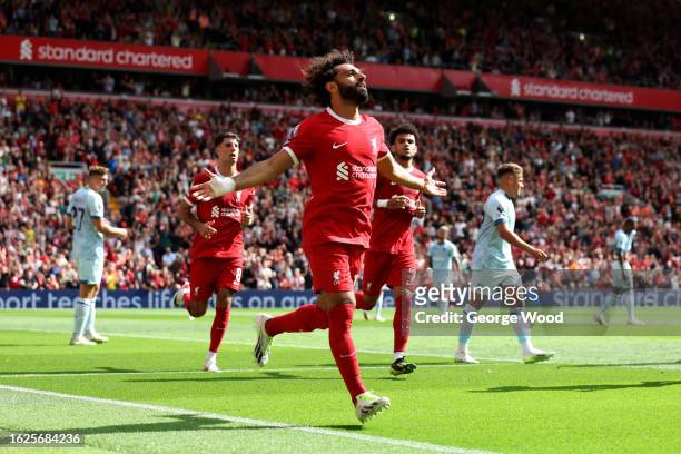 Mohamed Salah of Liverpool celebrates after scoring the team's second goal during the Premier League match between Liverpool FC and AFC Bournemouth...