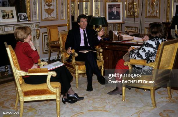 Jack Lang Interviewed In His Office. A Paris, dans son bureau, où figure un portrait de François MITTERRAND, le ministre de la Culture et de la...