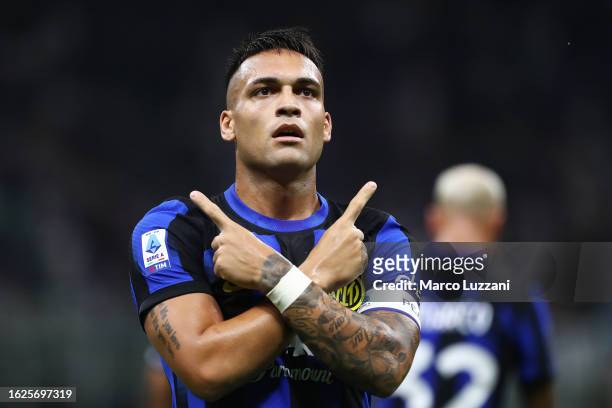 Lautaro Martínez of Inter Milan celebrates after scoring the team's first goal during the Serie A TIM match between FC Internazionale and AC Monza at...