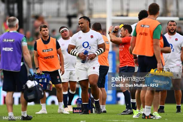 Billy Vunipola of England is shown a yellow card by match referee Paul Williams during the Summer International match between Ireland and England at...