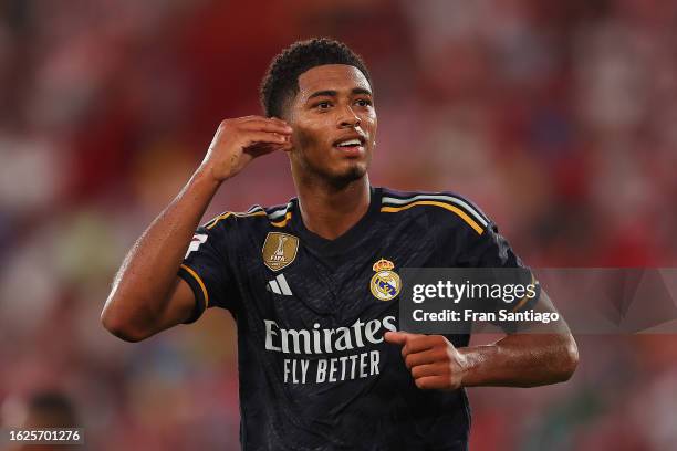 Jude Bellingham of Real Madrid celebrates after scoring the team's second goal during the LaLiga EA Sports match between UD Almeria and Real Madrid...