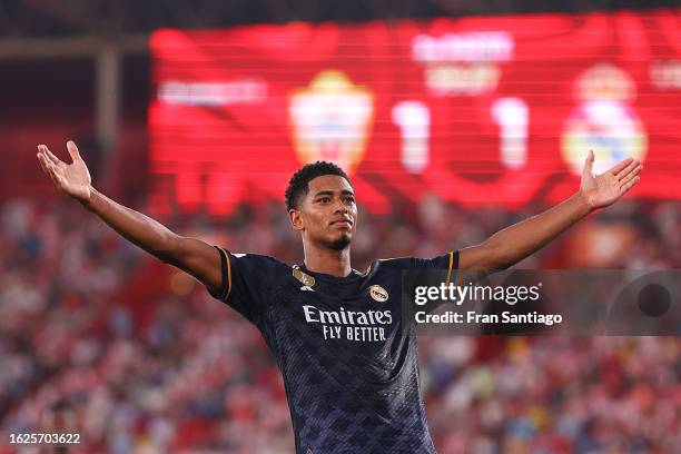 Jude Bellingham of Real Madrid celebrates after scoring the team's second goal during the LaLiga EA Sports match between UD Almeria and Real Madrid...