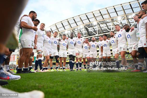 The England team form a huddle on the pitch after the Summer International match between Ireland and England at Aviva Stadium on August 19, 2023 in...