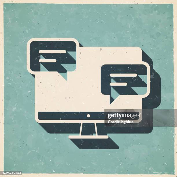 desktop computer with chat bubbles. icon in retro vintage style - old textured paper - tv screen texture stock illustrations