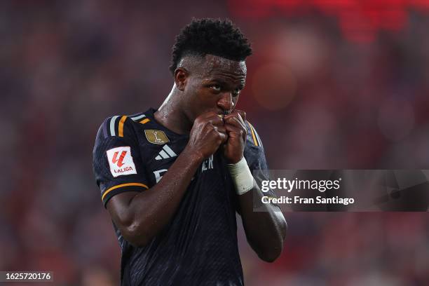 Vinicius Junior of Real Madrid celebrates after scoring the team's third goal during the LaLiga EA Sports match between UD Almeria and Real Madrid CF...