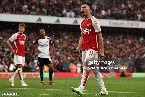 Arsenal's Brazilian midfielder Gabriel Martinelli reacts after his team is granted a penalty during the English Premier League football match between...