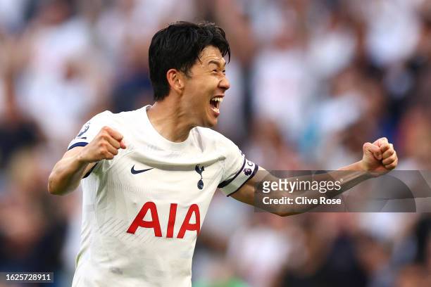 Heung-Min Son of Tottenham Hotspur celebrates following the team's victory during the Premier League match between Tottenham Hotspur and Manchester...