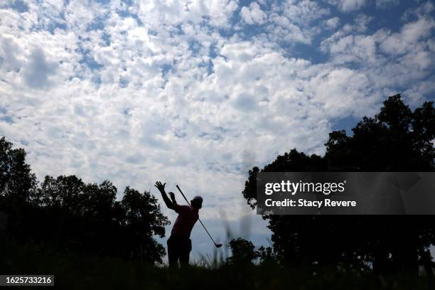 Adam Hadwin of Canada reacts to his shot from the 12th tee during the third round of the BMW Championship at Olympia Fields Country Club on August...