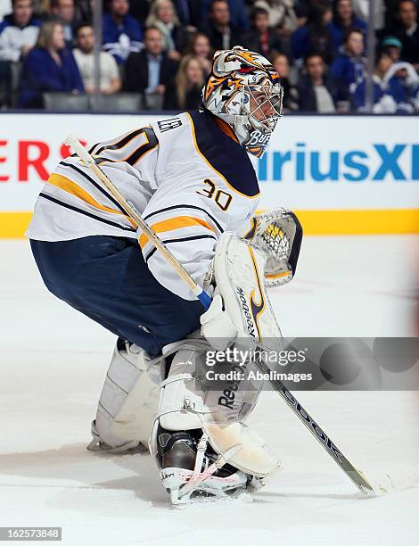 Ryan Miller of the Buffalo Sabres guards the net against the Toronto Maple Leafs during NHL action at the Air Canada Centre February 21, 2013 in...