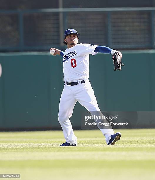 Alfredo Amezaga of the Los Angeles Dodgers throws a ball in from left field during their spring training baseball game against the Chicago White Sox...