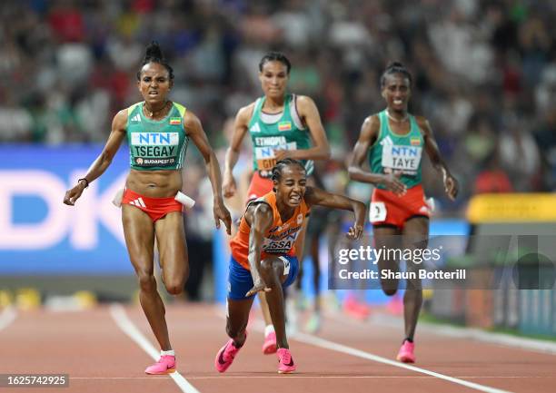 Sifan Hassan of Team Netherlands falls in the Women's 10000m Final during day one of the World Athletics Championships Budapest 2023 at National...