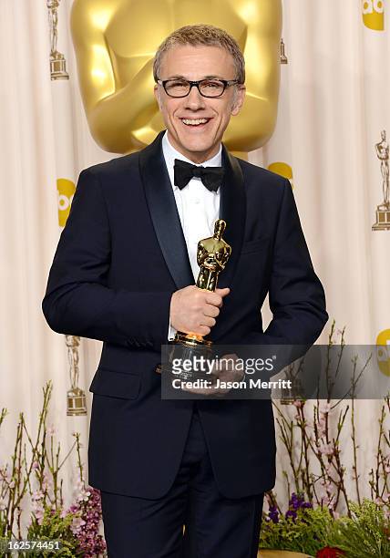 Actor Christoph Waltz, winner of the Best Supporting Actor award for "Django Unchained," poses in the press room during the Oscars held at Loews...