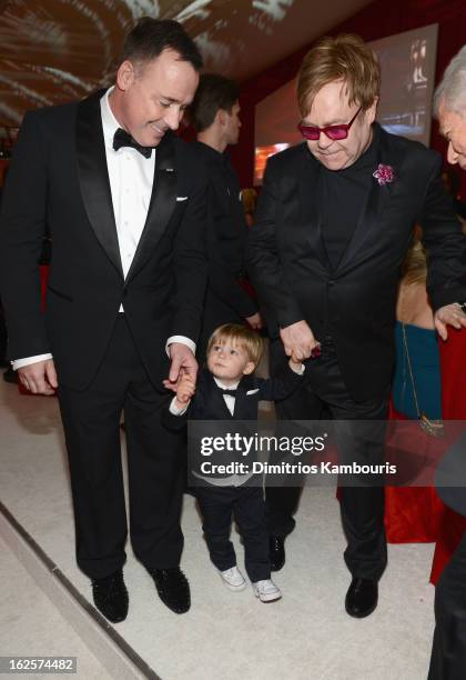 David Furnish, Zachary Furnish-John and Sir Elton John attend the 21st Annual Elton John AIDS Foundation Academy Awards Viewing Party at West...