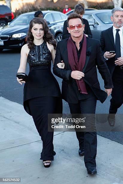 Actress Eve Hewson and musician Bono attend Audi at 21st Annual Elton John AIDS Foundation Academy Awards Viewing Party at West Hollywood Park on...