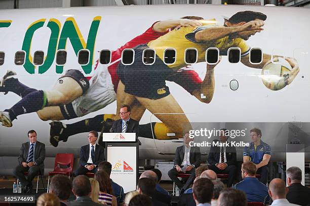 Australian Rugby Union Chief Executive Officer Bill Pulver speaks to the media at the Qantas B737 aircraft livery unveiling, while also celebrating...