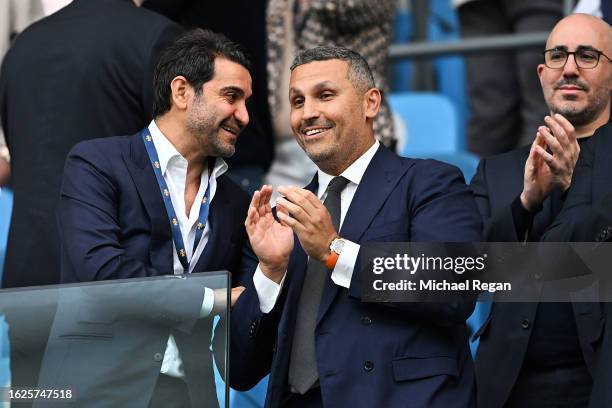 Co-Owner of Newcastle United, Mehrdad Ghodoussi and Chairman of Manchester City, Khaldoon Al Mubarak are seen during the Premier League match between...