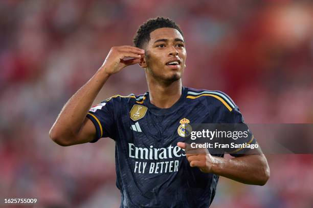 Jude Bellingham of Real Madrid celebrates after scoring the teams second goal during the LaLiga EA Sports match between UD Almeria and Real Madrid CF...