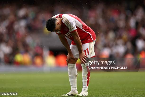 Arsenal's Brazilian midfielder Gabriel Martinelli reacts at the end of the English Premier League football match between Arsenal and Fulham at the...