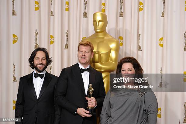 Presenter Paul Rudd, animator John Kahrs and presenter Melissa McCarthy pose in the press room during the Oscars at the Loews Hollywood Hotel on...