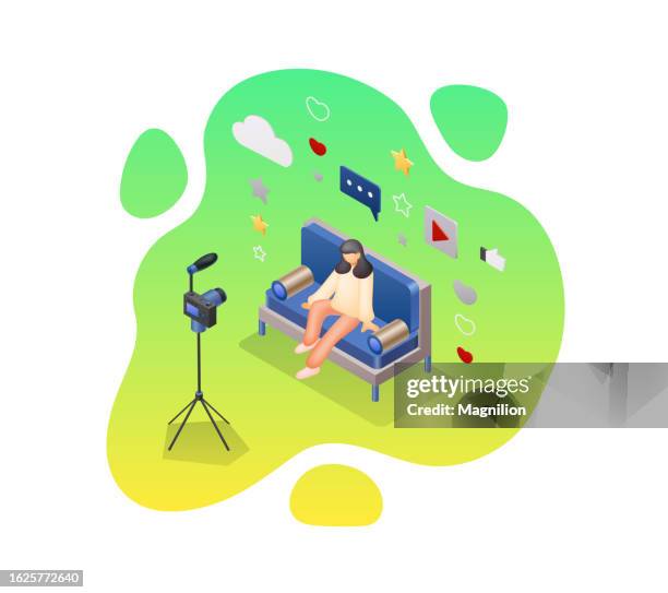 live streaming vlog video, bubble frame, isometric vector - netflix stock illustrations