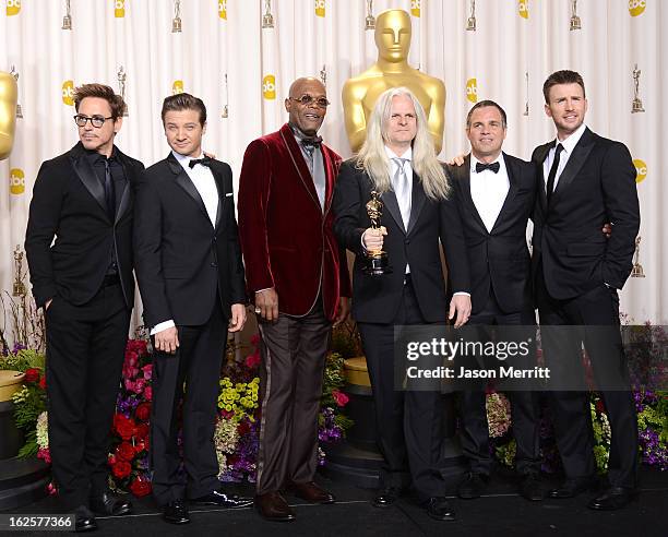 Cinematographer Claudio Miranda , winner of the Best Cinematography award for "Life of Pi," with presenters Robert Downey Jr., Jeremy Renner, Samuel...