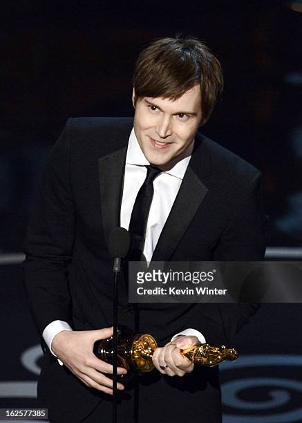 Writer Shawn Christensen accepts the Best Live Action Short Film award for "Curfew" onstage during the Oscars held at the Dolby Theatre on February...