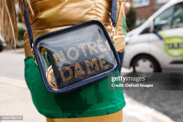 Women's bag with the lettering Notre Dame prior to the Aer Lingus College Football Classic match between Notre Dame and Navy at Aviva Stadium on...