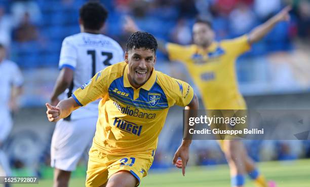 Abdou Harroui of Frosinone Calcio celebrates after scoring opening goal during the Serie A TIM match between Frosinone Calcio and Atalanta BC at...