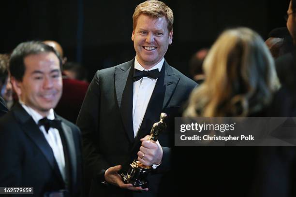 Director John Kahrs, winner of the Best Animated Short Film award for "Paperman," backstage during the Oscars held at the Dolby Theatre on February...