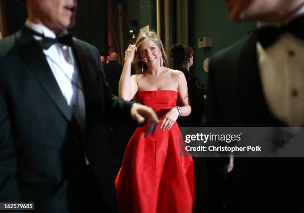 Actress Jennifer Aniston backstage during the Oscars held at the Dolby Theatre on February 24, 2013 in Hollywood, California.