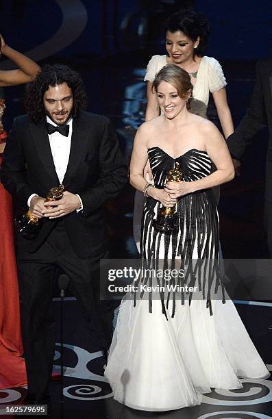 Sean Fine and Andrea Nix Fine accept the Best Documentary  Short Subject award for "Inocente" onstage during the Oscars held at the Dolby Theatre on...