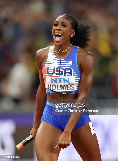 Alexis Holmes of Team United States reacts after winning the 4x400m Mixed Relay Final during day one of the World Athletics Championships Budapest...