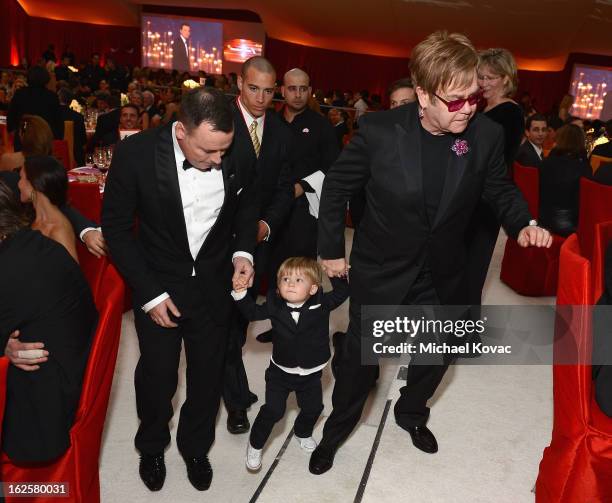 David Furnish, Zachary Furnish-John and Sir Elton John attend the 21st Annual Elton John AIDS Foundation Academy Awards Viewing Party at West...