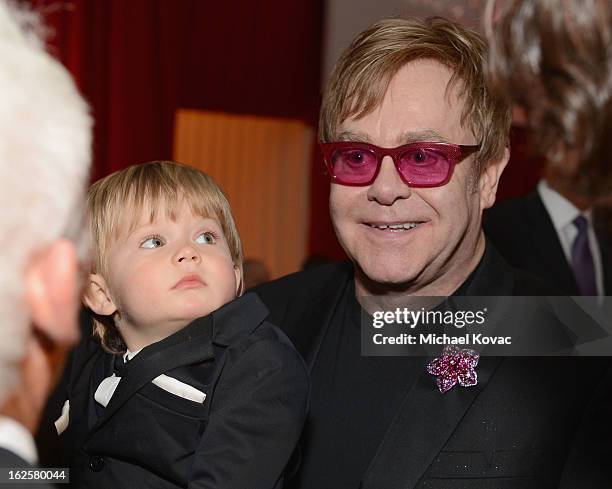 Zachary Furnish-John and Sir Elton John attend the 21st Annual Elton John AIDS Foundation Academy Awards Viewing Party at West Hollywood Park on...