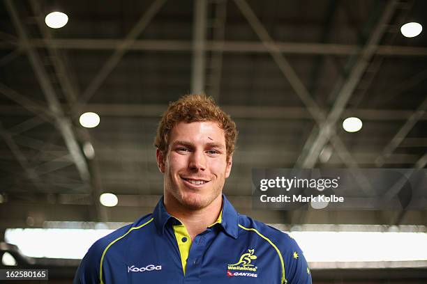 David Pocock of the Wallabies poses at the Qantas B737 aircraft livery unveiling, while also celebrating the ‘100 Day Countdown’ to the British &...