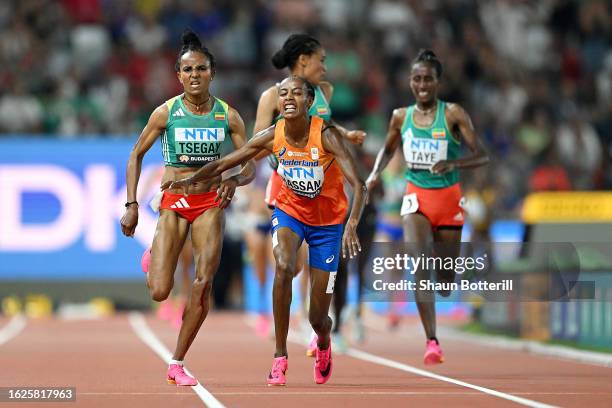 Sifan Hassan of Team Netherlands falls in the Women's 10000m Final during day one of the World Athletics Championships Budapest 2023 at National...