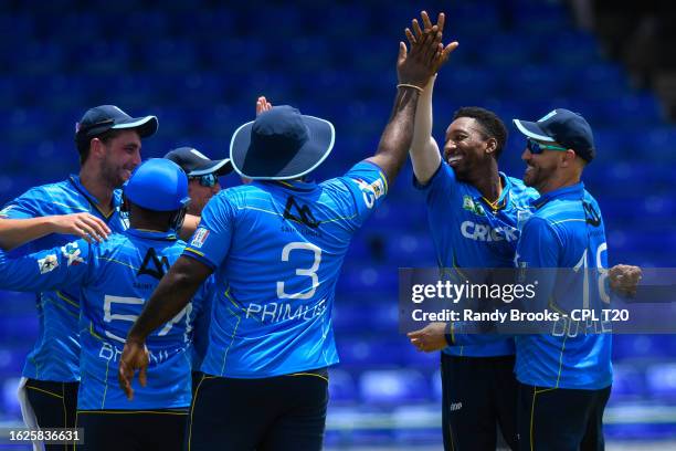 Khary Pierre and Faf Du Plessis of Saint Lucia Kings celebrate the dismissal of Andre Russell of Trinbago Knight Riders during the Men's 2023...