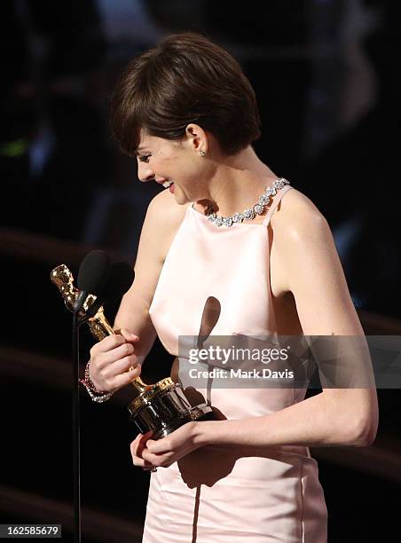 Actress Anne Hathaway accepts an award onstage during the Oscars held at the Dolby Theatre on February 24, 2013 in Hollywood, California.