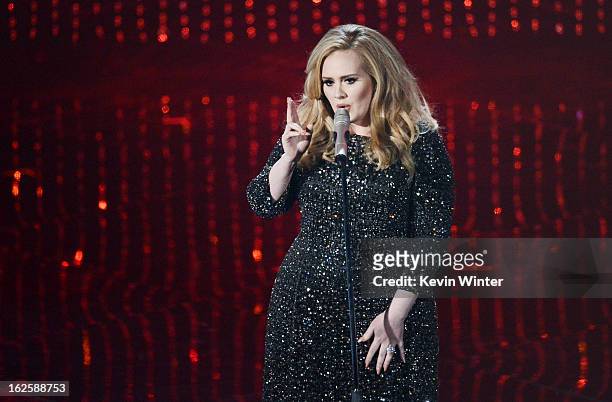 Singer Adele performs onstage during the Oscars held at the Dolby Theatre on February 24, 2013 in Hollywood, California.