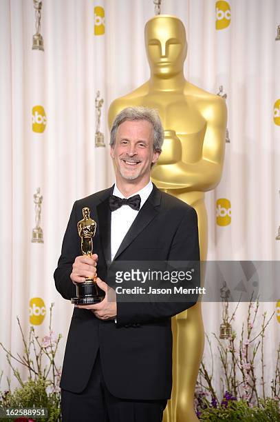 Editor William Goldenberg, winner of the Best Film Editing award for "Argo," poses in the press room during the Oscars held at Loews Hollywood Hotel...