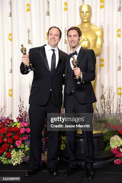 Filmmakers Simon Chinn and Malik Bendjelloul, winners of the Best Documentary  Feature award for "Searching for Sugar Man," pose in the press room...