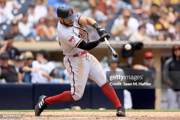 Tommy Pham of the Arizona Diamondbacks connects for a two-run homerun during the fifth inning of a game against the San Diego Padres at PETCO Park on...