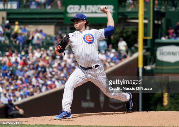 Justin Steele of the Chicago Cubs throws a pitch during the first inning of a game against the Kansas City Royals at Wrigley Field on August 19, 2023...