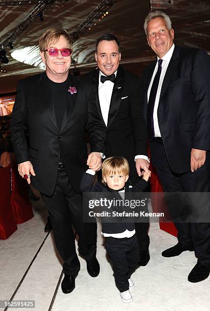 Sir Elton John, David Furnish, Zachary Jackson Levon Furnish-John and Chairman and Executive Vice President of New York Giants Steve Tisch attend...