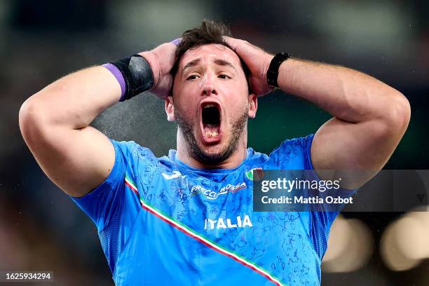 Leonardo Fabbri of Team Italy reacts after competing in the Men's Shot Put Final during day one of the World Athletics Championships Budapest 2023 at...