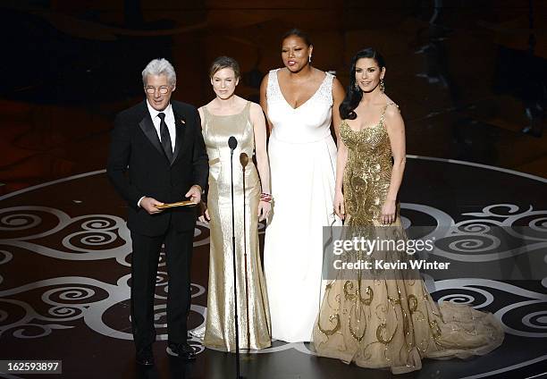 Actor Richard Gere, actresses Renee Zellweger, Queen Latifah and Catherine Zeta-Jones present onstage during the Oscars held at the Dolby Theatre on...