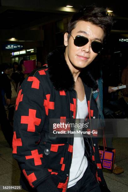 Donghae of boy band Super Junior M is seen upon arrival at Incheon International Airport on February 25, 2013 in Incheon, South Korea.